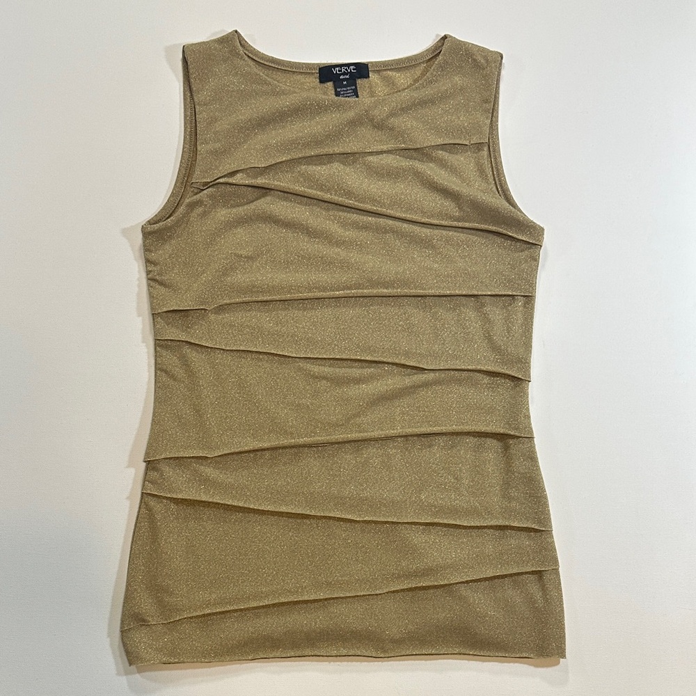 Verve Ami Metallic Gold Tank Top with Pleated Detailing Size M